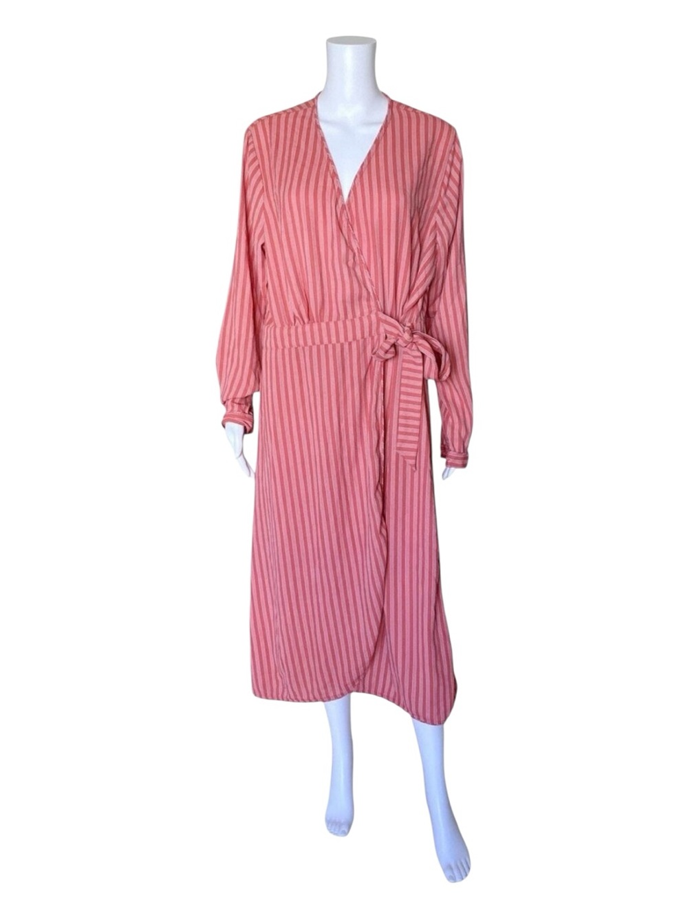 Time and Tru Maxi Wrap Dress Womens XL 16-18 Pink Striped V Neck Long Sleeve